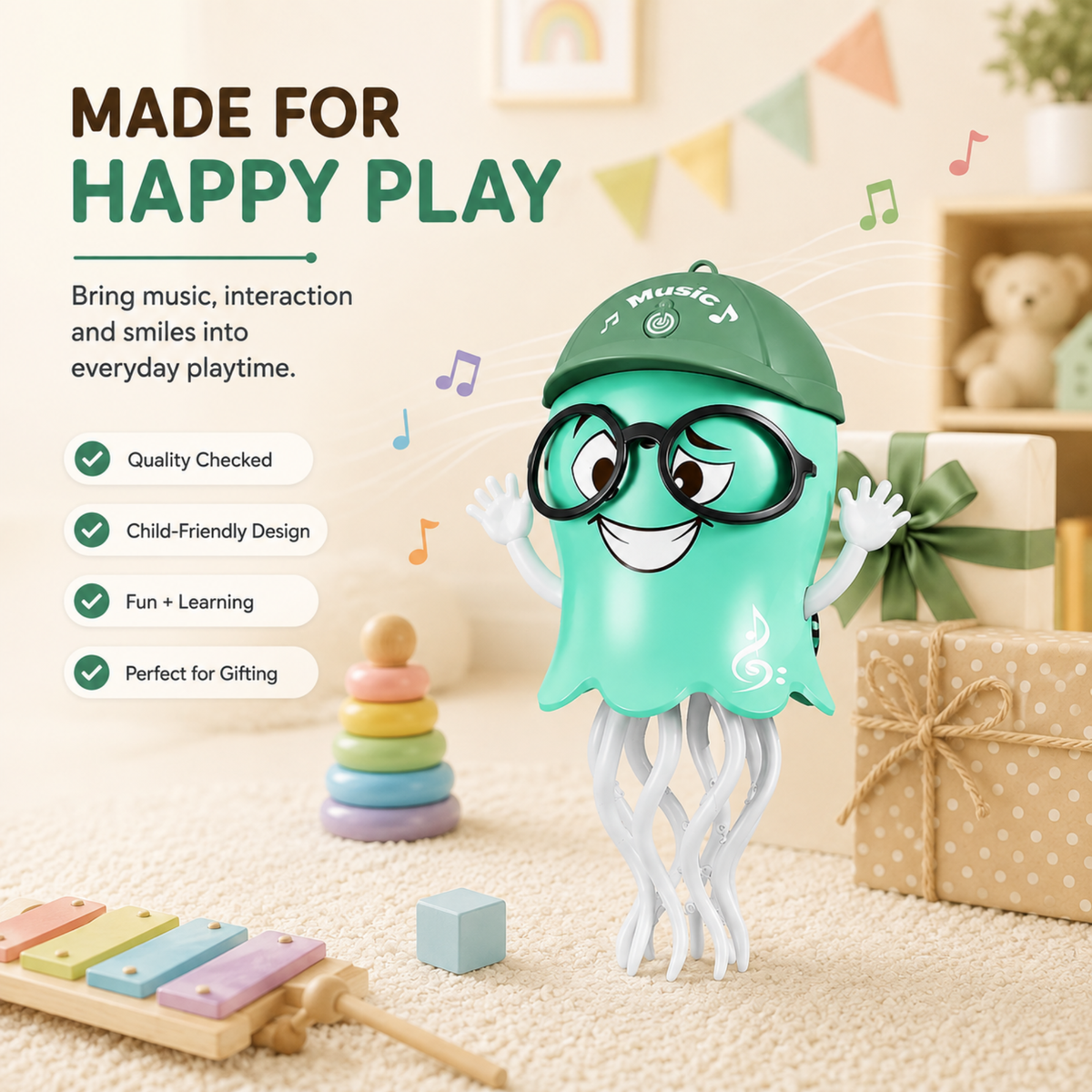 Dancing  Octopus Toy for Kids, Automatic Crawling & Moving with 360° Rotating, LED Lights & Music
