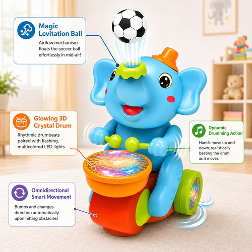 Musical Elephant Toy with Levitating Ball, Light, Sound & Bump and Go