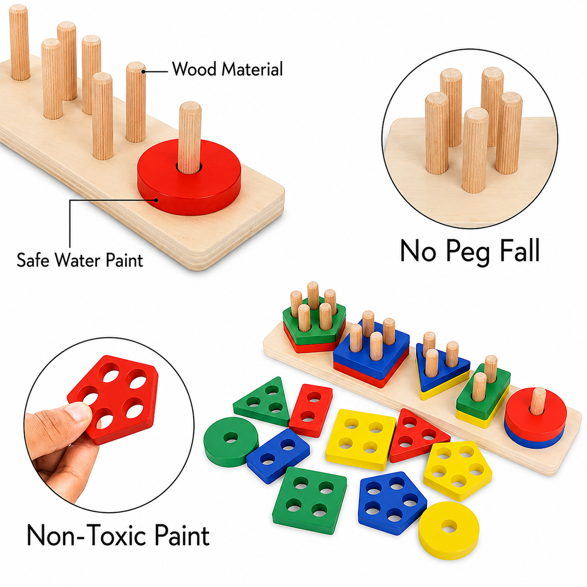 Wooden Geometric Shape Sorter & Stacking Toy for Kids – Color and Shape Recognition Learning Activity