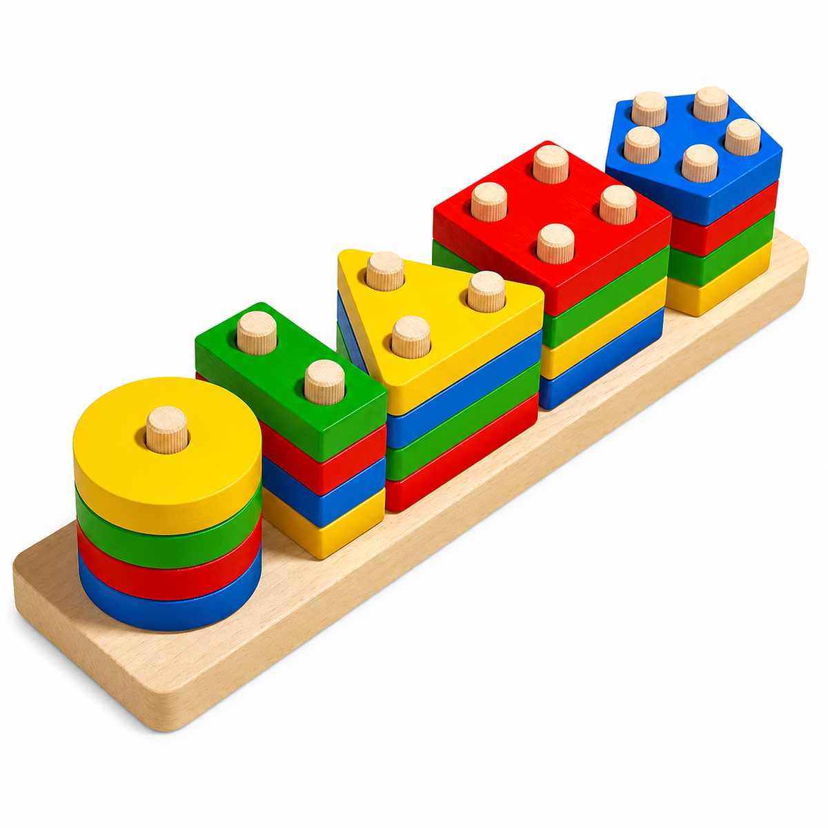Wooden Geometric Shape Sorter & Stacking Toy for Kids – Color and Shape Recognition Learning Activity