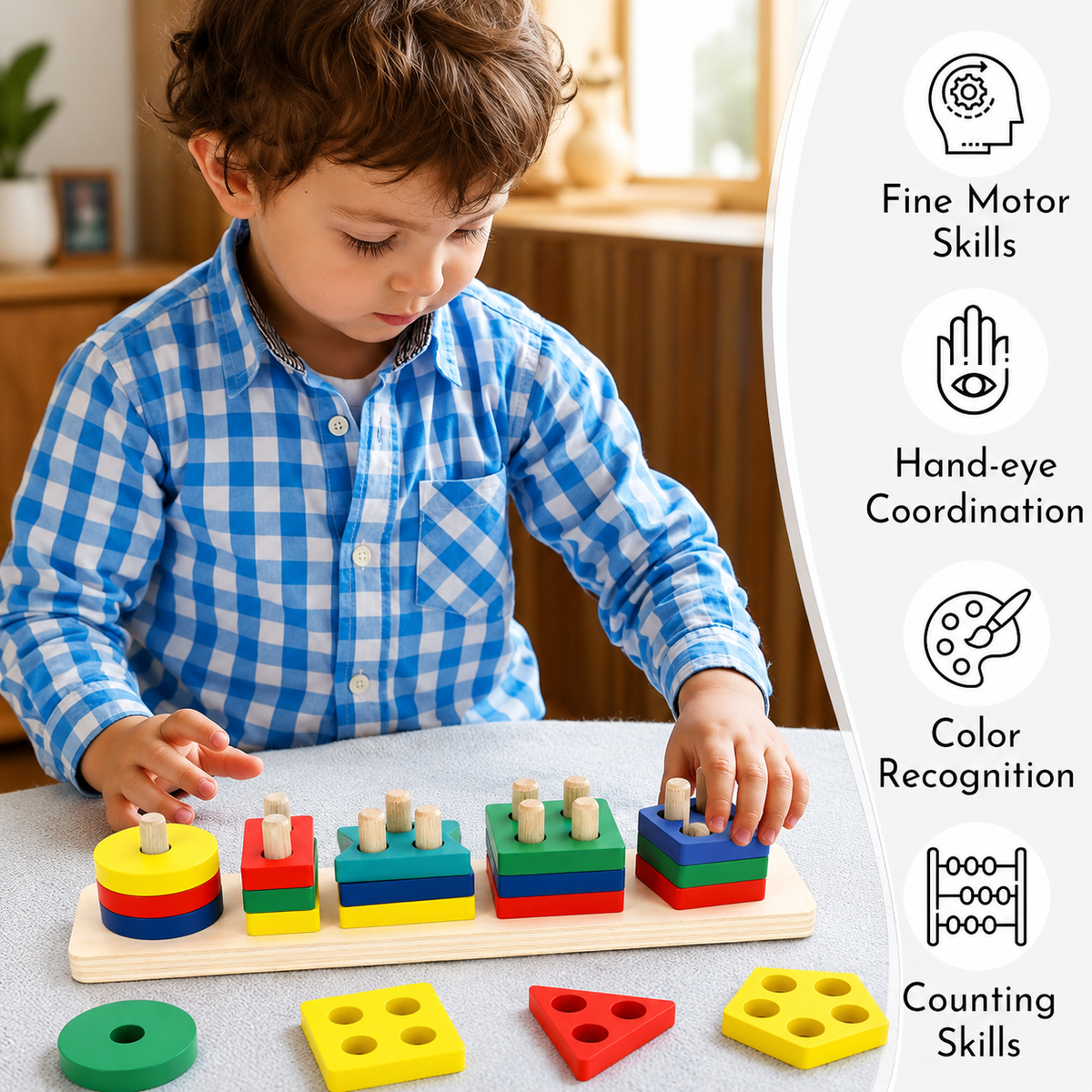 Wooden Geometric Shape Sorter & Stacking Toy for Kids – Color and Shape Recognition Learning Activity