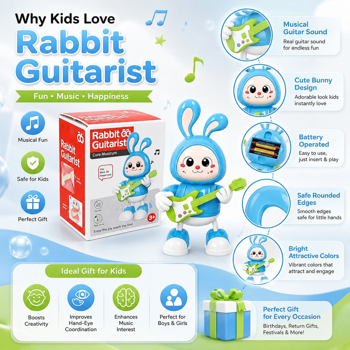 Dancing Rabbit Guitarist Toy with Music & Lights for Kids Age 3+ Years