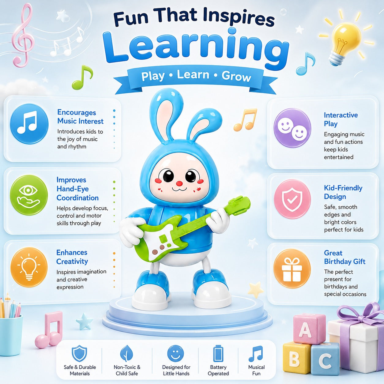 Dancing Rabbit Guitarist Toy with Music & Lights for Kids Age 3+ Years