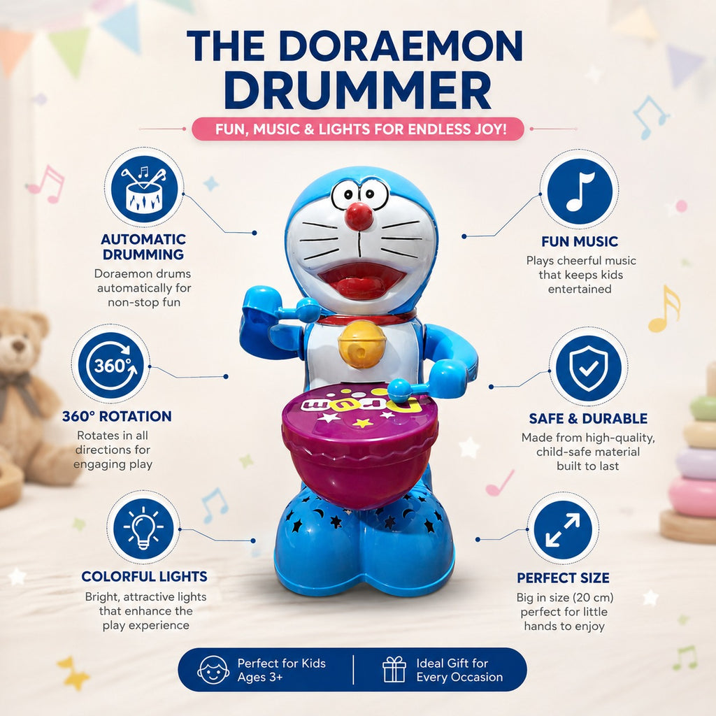 Drummer Toy for Kids with Drumming Action, Music & Lights | Battery Operated
